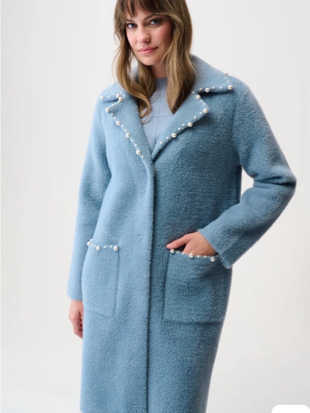 Joseph Ribkoff Feather Yarn Pearl Sweater Coat Chambray Blue NWT Size XS 261997 - Picture 2 of 9